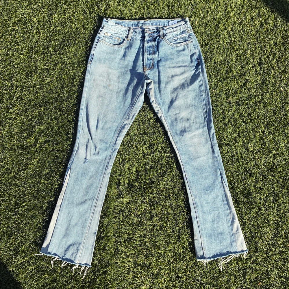 MNML 31x31 Light Wash Distressed Flare Patchwork Jeans Button Fly Denim Pants